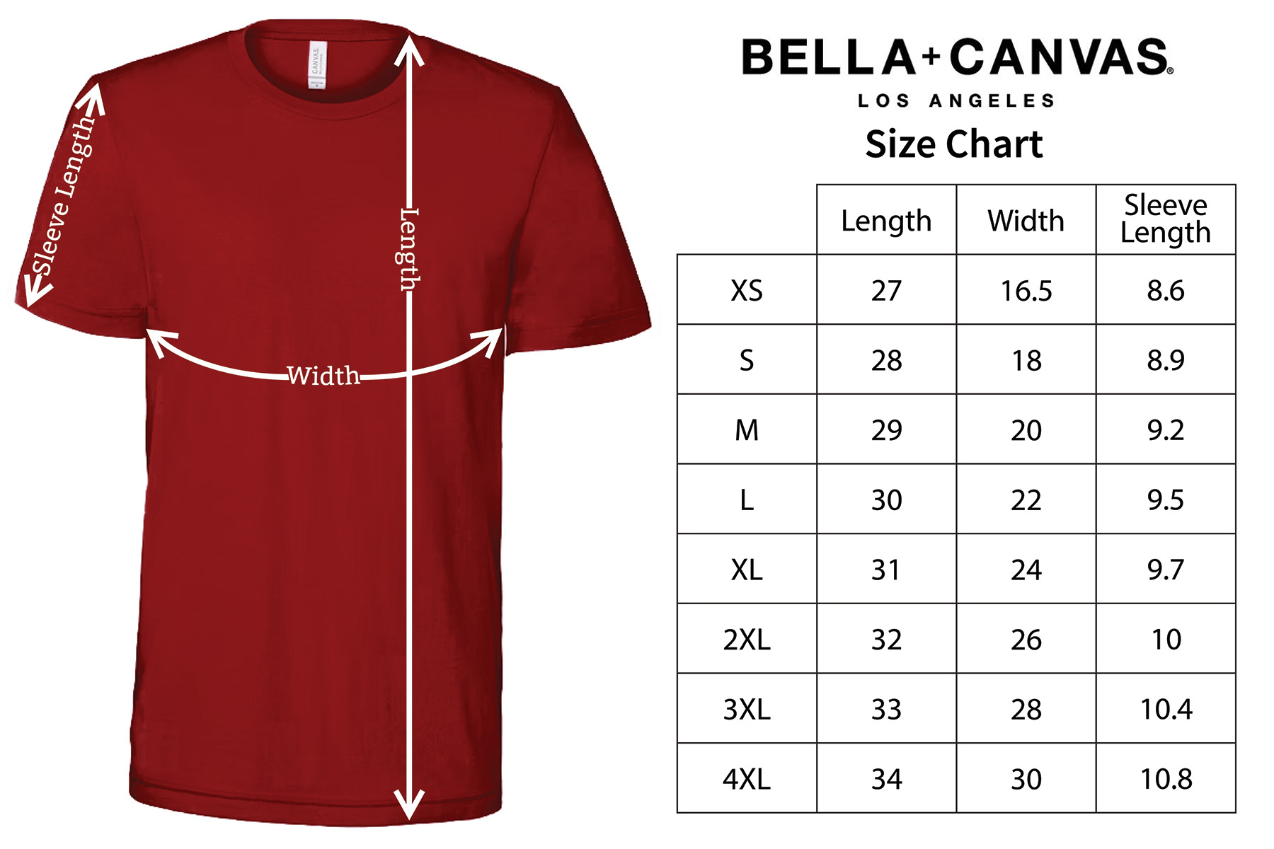 Size Chart for Bella and Canvas 3001C t-shirts
